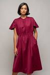 Leh Studios_Maroon 100% Viscose Mandarin Collar Ruffle Sleeve Midi Dress  _Online_at_Aza_Fashions