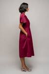 Buy_Leh Studios_Maroon 100% Viscose Mandarin Collar Ruffle Sleeve Midi Dress  _Online_at_Aza_Fashions