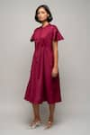 Shop_Leh Studios_Maroon 100% Viscose Mandarin Collar Ruffle Sleeve Midi Dress  _Online_at_Aza_Fashions