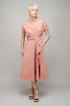 Buy_Leh Studios_Peach 100% Viscose Collared Draped Shirt Midi Dress  _at_Aza_Fashions