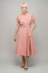 Leh Studios_Peach 100% Viscose Collared Draped Shirt Midi Dress  _at_Aza_Fashions