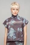 Shop_Leh Studios_Blue Wool High Neck Aurora Borealis Garden Print Top _at_Aza_Fashions