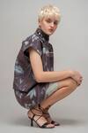 Leh Studios_Blue Wool High Neck Aurora Borealis Garden Print Top _at_Aza_Fashions
