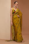 Buy_Neha Khullar_Yellow Viscose Chinon Printed Floral And Stripe V Neck Saree & Blouse Set _at_Aza_Fashions