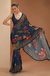 Buy_Neha Khullar_Blue Viscose Chinon Printed Bloom And Stripe V Neck Saree & Blouse Set _at_Aza_Fashions