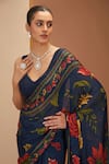 Buy_Neha Khullar_Blue Viscose Chinon Printed Bloom And Stripe V Saree & Blouse Set  _Online_at_Aza_Fashions