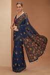 Buy_Neha Khullar_Blue Viscose Chinon Printed Floret And Stripe V Saree & Blouse Set _at_Aza_Fashions