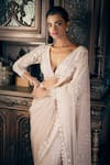 Seema Gujral_Beige Net Embroidered Sequins Plunged V Saree With Blouse _Online_at_Aza_Fashions
