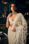 Seema Gujral_Ivory Net Embroidered Sequins Plunged V Floral Saree With Blouse  _Online_at_Aza_Fashions