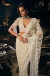 Buy_Seema Gujral_Ivory Net Embroidered Sequins Plunged V Floral Saree With Blouse  _Online_at_Aza_Fashions