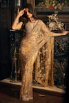 Buy_Seema Gujral_Gold Net Embroidered Sequins Plunged Floral Saree With Blouse _at_Aza_Fashions