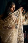 Buy_Seema Gujral_Ivory Net Embroidered Pearls Plunged V 3d Floral Saree With Blouse _Online_at_Aza_Fashions