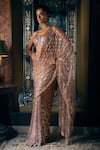 Buy_Seema Gujral_Brown Net Embroidered Geometric Scoop Saree With Halter Cut Blouse _at_Aza_Fashions