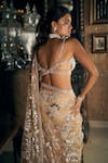 Shop_Seema Gujral_Beige Net Embroidered Floral Leaf Metallic Applique Saree With Blouse  _at_Aza_Fashions