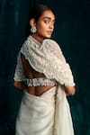 Shop_Kashmiraa_Ivory Organza Embroidered Pearl Sweetheart Neck Saree And Blouse Set _at_Aza_Fashions