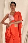 Kashmiraa_Orange Chinon Chiffon Embroidered Pre-draped Ruffle Saree With Blouse _Online_at_Aza_Fashions