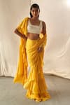 Buy_Kashmiraa_Yellow Chinon Chiffon Embroidered Sequin Crystal Blouse And Pre-draped Saree Set _at_Aza_Fashions