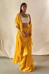 Kashmiraa_Yellow Chinon Chiffon Embroidered Sequin Crystal Blouse And Pre-draped Saree Set _Online_at_Aza_Fashions