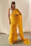 Shop_Kashmiraa_Yellow Chinon Chiffon Embroidered Sequin Crystal Blouse And Pre-draped Saree Set _Online_at_Aza_Fashions