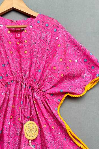 Label Neeti_Pink Cotton Beads, Tassels Kantha Print Kaftan _Online_at_Aza_Fashions
