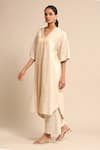 Ritu Kumar_Beige 68% Poly V Neck Panelled Straight Kurta Palazzo Set _Online_at_Aza_Fashions