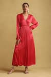 Shop_Ritu Kumar_Red 100% Viscose V Neck Solid Maxi Dress With Scarf _Online_at_Aza_Fashions