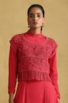 Ritu Kumar_Pink 100% Silk Plain High Round Asymmetric Midi Dress With Macrame Top _at_Aza_Fashions