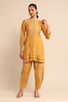 Buy_Ritu Kumar_Yellow Viscose, Silk Embroidery Round Neck Layered Kurta And Pant Set _at_Aza_Fashions