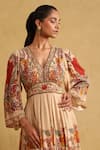 Shop Ritu Kumar Beige Cotton, Viscose Embroidery V-neck Floral Print Pleated Empire Dress Online at Aza Fashions Shop_Ritu Kumar_Beige Cotton, Viscose Embroidery V-neck Floral Print Pleated Empire Dress _Online_at_Aza_Fashions