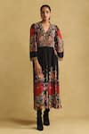 Buy Ritu Kumar Black Cotton, Viscose Embroidery V-neck Bloom Print Pleated Empire Dress at Aza Fashions Buy_Ritu Kumar_Black Cotton, Viscose Embroidery V-neck Bloom Print Pleated Empire Dress _at_Aza_Fashions
