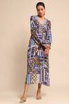 Buy_Ritu Kumar_Blue Viscose Embroidery V-neck Geometric Print Gathered Empire Dress _at_Aza_Fashions