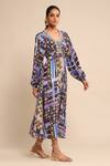 Buy_Ritu Kumar_Blue Viscose Embroidery V-neck Geometric Print Gathered Empire Dress _Online_at_Aza_Fashions