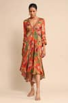 Buy_Ritu Kumar_Orange 100% Viscose Printed Blossom V Neck High-low Dress _at_Aza_Fashions