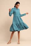 Buy_Ritu Kumar_Green 65% Cotton Textured Shirt Collar Tiered Dress _at_Aza_Fashions