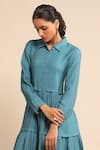 Ritu Kumar_Green 65% Cotton Textured Shirt Collar Tiered Dress _Online_at_Aza_Fashions