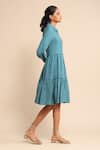 Buy_Ritu Kumar_Green 65% Cotton Textured Shirt Collar Tiered Dress _Online_at_Aza_Fashions