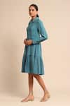 Shop_Ritu Kumar_Green 65% Cotton Textured Shirt Collar Tiered Dress _Online_at_Aza_Fashions
