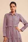 Shop_Ritu Kumar_Multi Color 100% Cotton Stripe Pattern Shirt Collar Tiered Dress _Online_at_Aza_Fashions