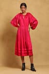 Buy_Ritu Kumar_Fuchsia 100% Polyester Plain Keyhole Round Back Balloon Sleeve Tiered Dress _at_Aza_Fashions