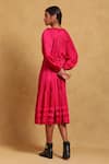 Shop_Ritu Kumar_Fuchsia 100% Polyester Plain Keyhole Round Back Balloon Sleeve Tiered Dress _at_Aza_Fashions