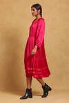 Buy_Ritu Kumar_Fuchsia 100% Polyester Plain Keyhole Round Back Balloon Sleeve Tiered Dress _Online_at_Aza_Fashions