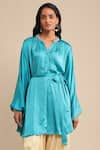 Ritu Kumar_Blue 100% Polyester Plain Band Collar Embroidered Kaftan Tunic _at_Aza_Fashions