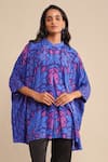 Ritu Kumar_Blue 100% Viscose Printed Floral Mandarin Short Kaftan Tunic _Online_at_Aza_Fashions