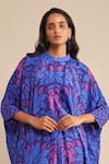 Ritu Kumar_Blue 100% Viscose Printed Floral Mandarin Short Kaftan Tunic _at_Aza_Fashions