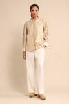 Buy_Ritu Kumar_Beige Viscose, Linen Embroidery Round Neck Geometric Pattern Shirt_at_Aza_Fashions