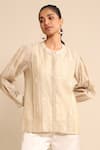Ritu Kumar_Beige Viscose, Linen Embroidery Round Neck Geometric Pattern Shirt_Online_at_Aza_Fashions