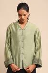 Ritu Kumar_Green Cotton, Silk Embroidery Collared And Shirt _at_Aza_Fashions