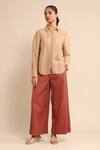 Buy_Ritu Kumar_Beige 68% Polyester Plain Collared Neck High Low Hem Shirt _at_Aza_Fashions