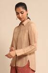 Ritu Kumar_Beige 68% Polyester Plain Collared Neck High Low Hem Shirt _Online_at_Aza_Fashions