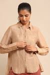 Shop_Ritu Kumar_Beige 68% Polyester Plain Collared Neck High Low Hem Shirt _Online_at_Aza_Fashions